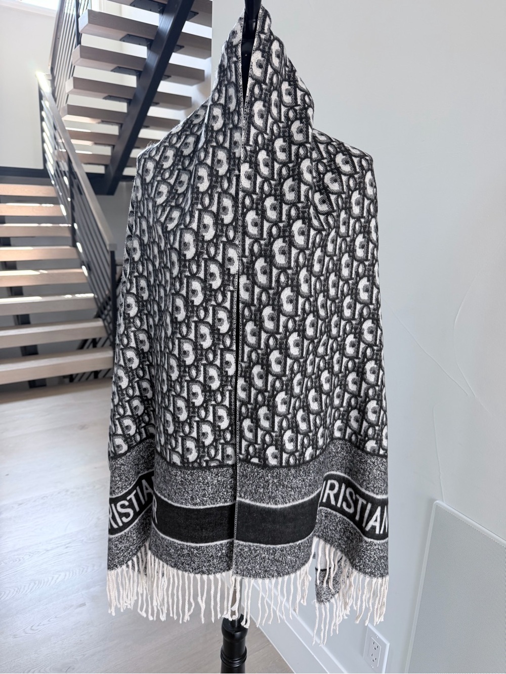 Dior Gray & White Logo Fringe Shawl - Picture 2 of 9